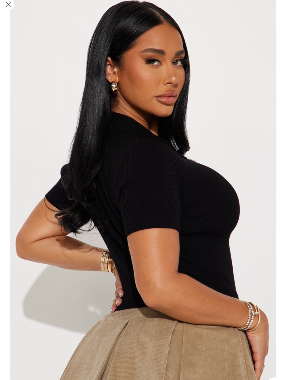 Black Ribbed Button-Front Polo Top - Picture 2 of 3